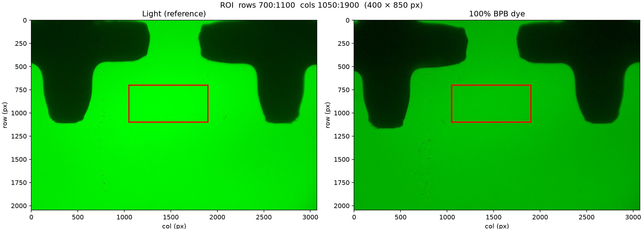 ROI overlay on light reference and 100% BPB dye images
