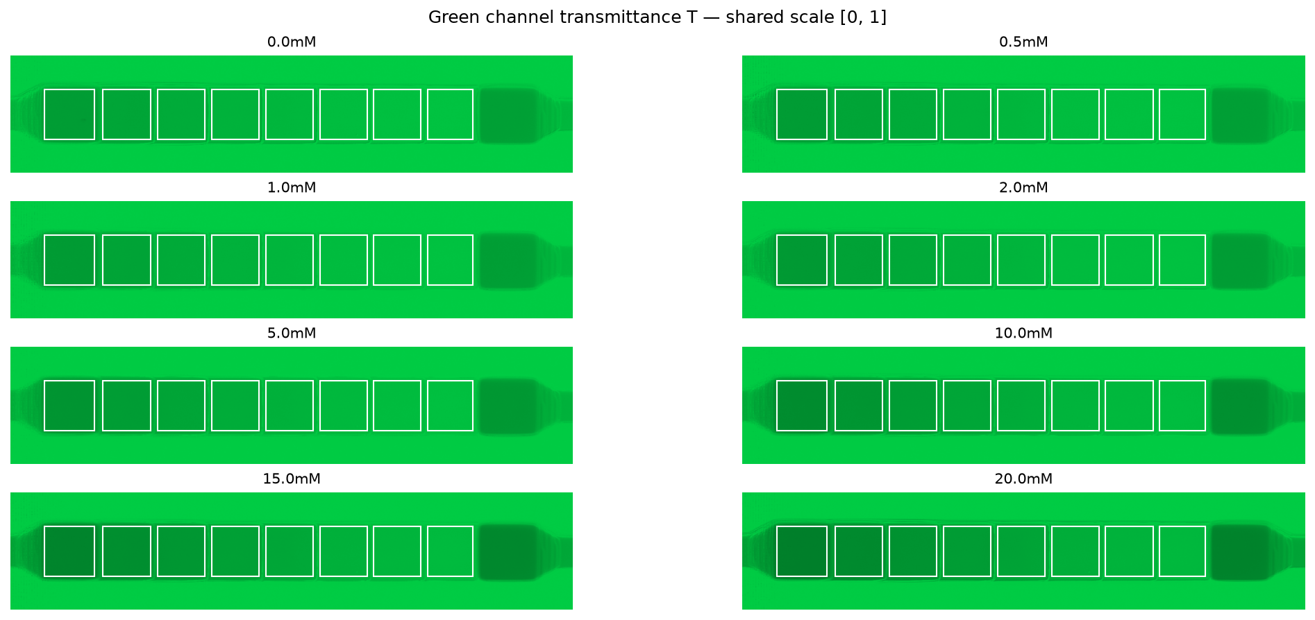 Green channel transmittance images for 8 urea concentrations with ROI overlays